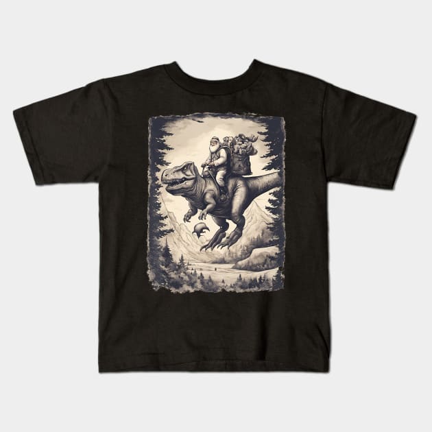 Father Christmas Riding A T-Rex Tyrannosaurus Dinosaur Kids T-Shirt by Mitsue Kersting